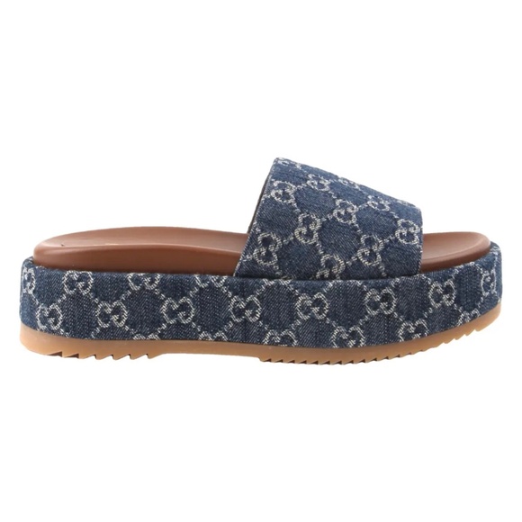 Gucci Platform Slides Angelina New Denim GG Blue Tea Platform Sandals Size EU 39 - Picture 1 of 4